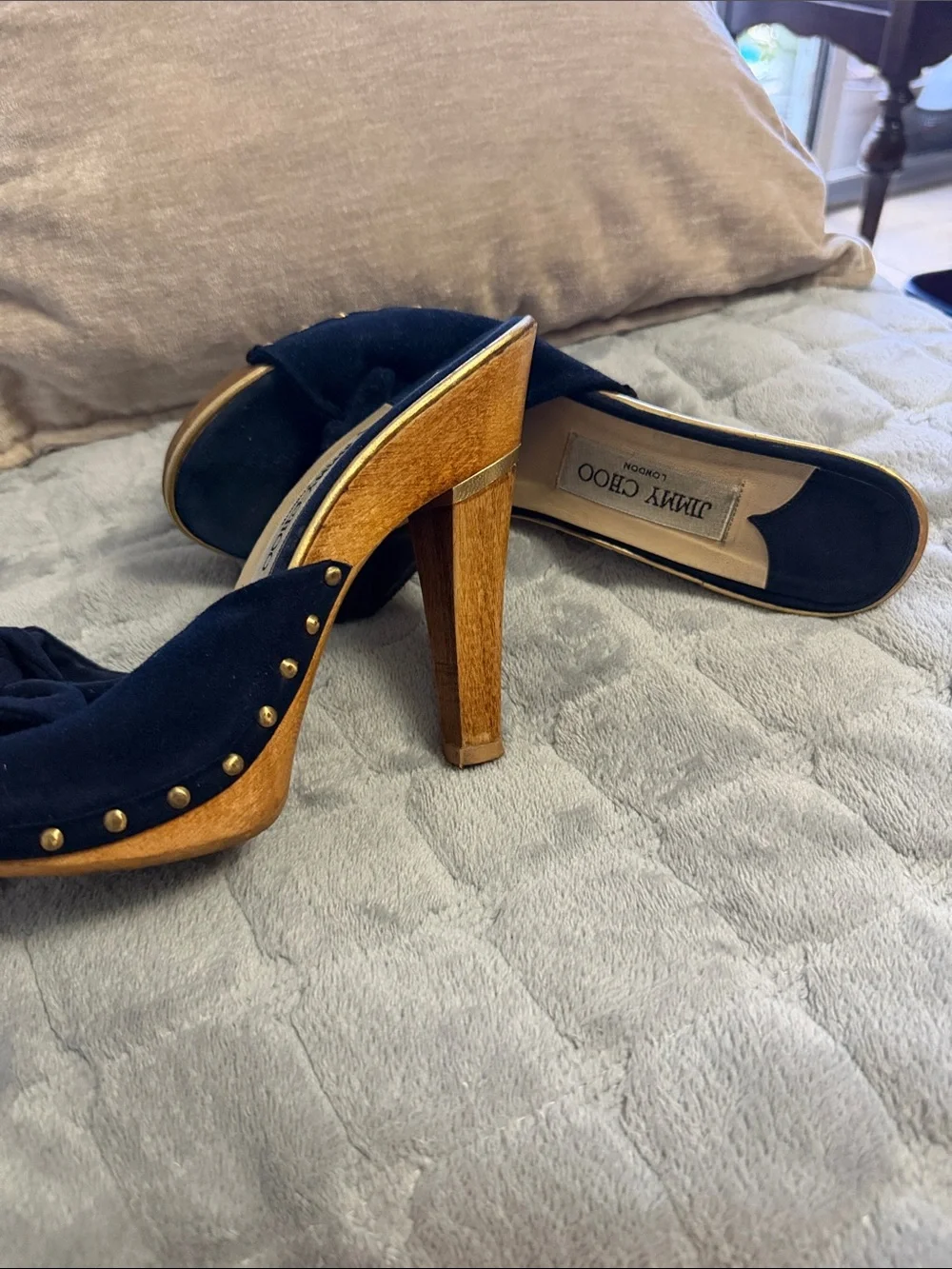 Jimmy Choo Navy Suede Studded Wooden Platform Heels